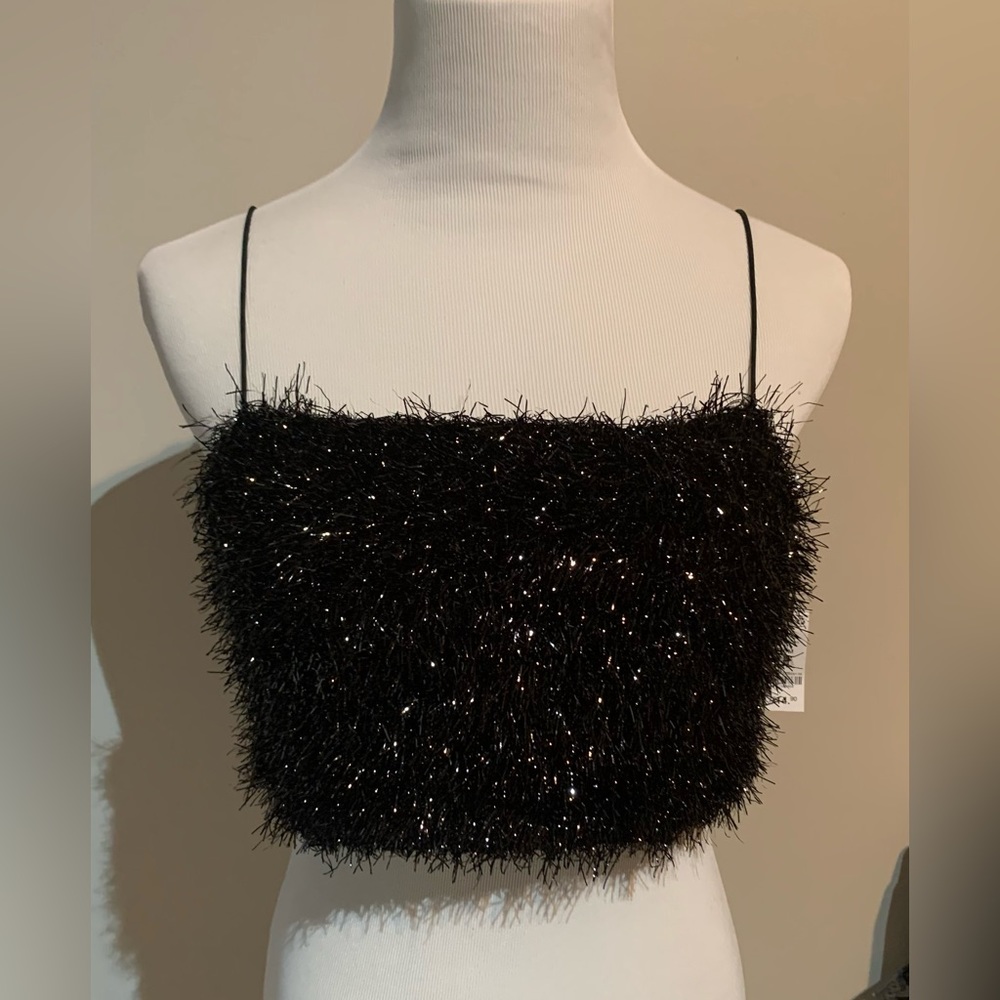 Fuzzy spaghetti strap tinsel cropped tank tube-top sparkly fringe